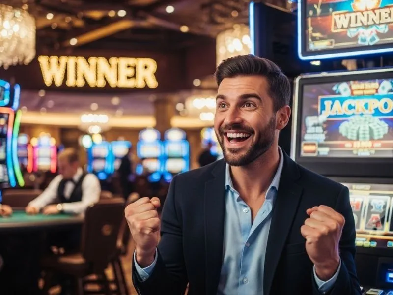 Man celebrating after winning a slot jackpot while playing an online casino game earn money PH thru PayPal.