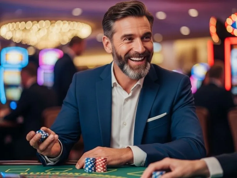 Man smiling while playing baccarat on his phone, showing how to enjoy an online casino game earn money PH thru PayPal.