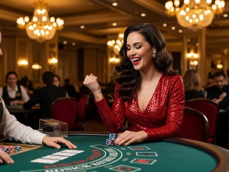 Young lady happily playing baccarat in an online casino game earn money PH thru PayPal platform.