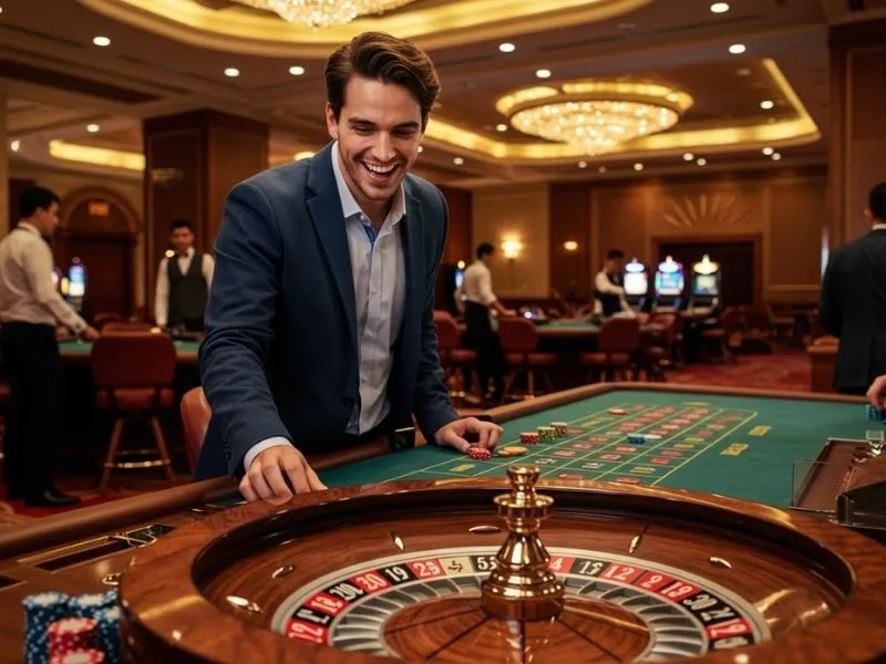 Smiling man betting on a roulette table while enjoying an online casino Philippines no deposit bonus