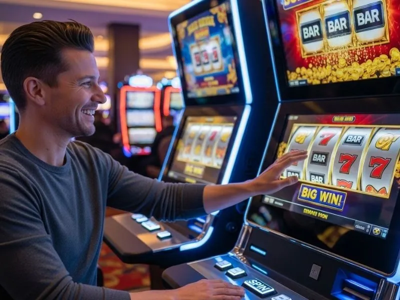 A happy man enjoying a slot machine inside pbcom tower online casino apex with bright lights and a cheerful atmosphere.