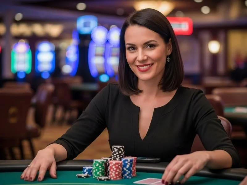 A smiling woman playing at a poker table inside pbcom tower online casino apex.