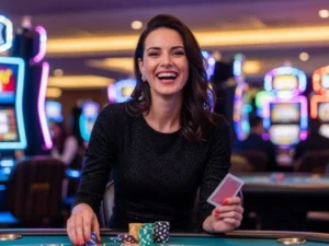 Young lady happily playing poker at PBCOM Tower Online Casino Apex, enjoying an exciting gaming experience.