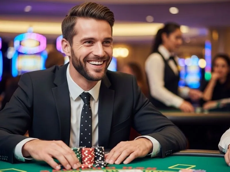 Young man celebrating a big win while playing at PBCOM Tower Online Casino Apex.