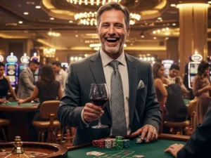 Happy old man enjoying a poker win at the Persona 5 casino dice game table.