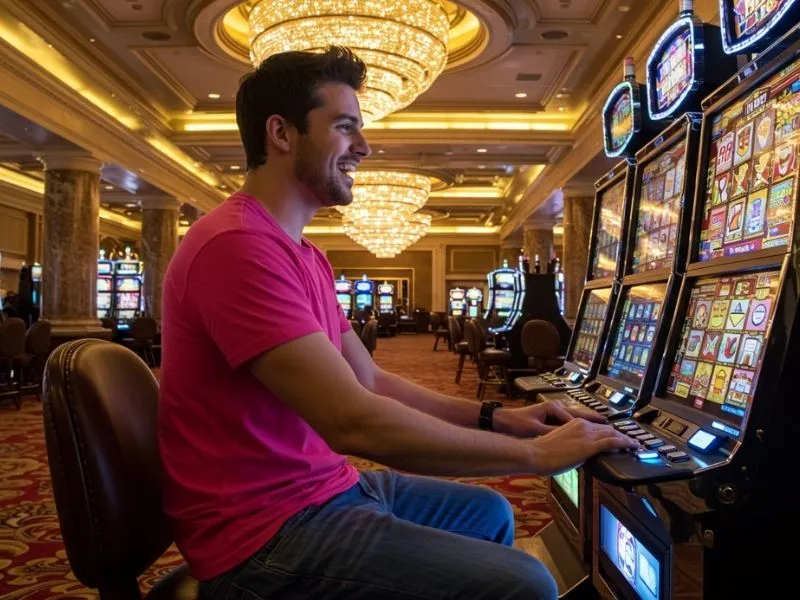 A happy man wins the jackpot on a slot machine inspired by the Persona 5 casino dice game.