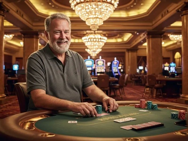 An old man smiling confidently at a poker table during a persona 5 casino dice game, surrounded by chips and cards.