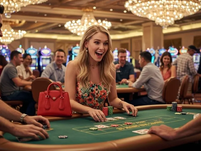 A woman cheering after winning a poker round in the Persona 5 casino dice game, surrounded by bright lights and gaming tables.