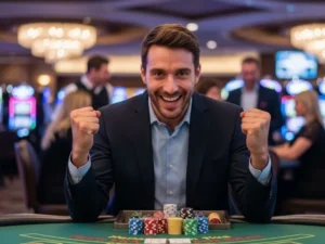 Man celebrating a big win at a physical casino with a bright smile — pp gaming casino download theme.