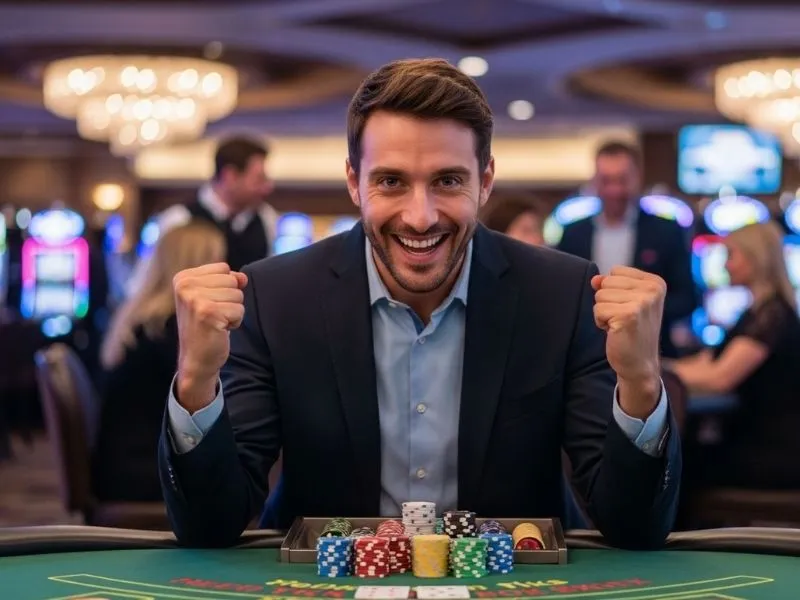 Man celebrating a big win at a physical casino with a bright smile — pp gaming casino download theme.