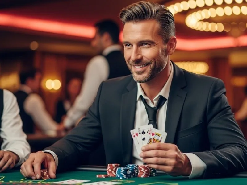 Man proudly showing a winning poker hand at a casino table, representing the thrill and excitement behind PP Gaming Casino download.