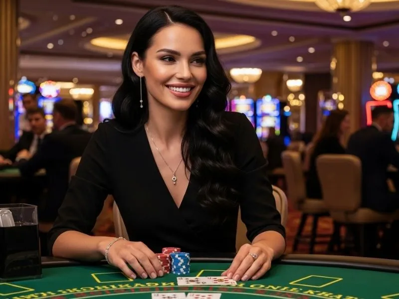 A happy woman celebrating her casino win at a physical casino, showcasing the thrill and excitement behind PP Gaming Casino Download.