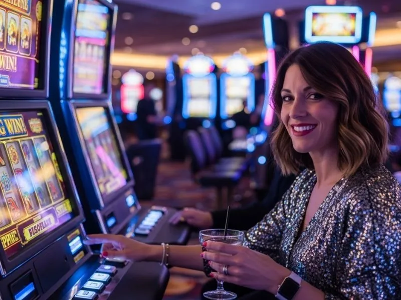 Happy woman smiling after winning at a slot machine inside a casino — pp gaming casino download.