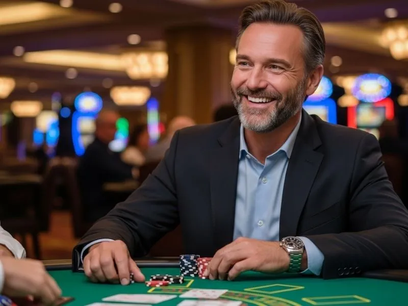 Man happily enjoying a casino game experience in the Philippines, representing the excitement of social casino games Facebook PH.