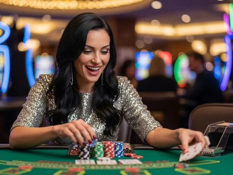 A Filipino woman smiling while enjoying a poker game at a casino table, representing the fun and excitement of social casino games Facebook PH players love.
