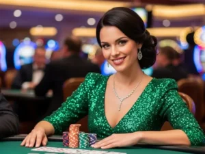 A Filipino woman happily gathering poker chips on a casino table, representing the excitement behind social casino games Facebook PH.