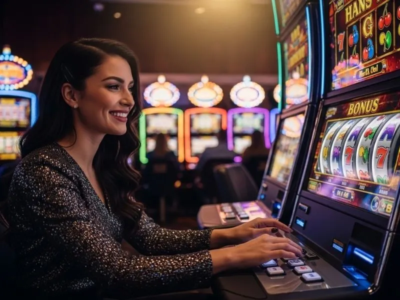 Filipina woman smiling while pressing a slot machine button inside a casino, illustrating the fun and excitement of social casino games Facebook PH.