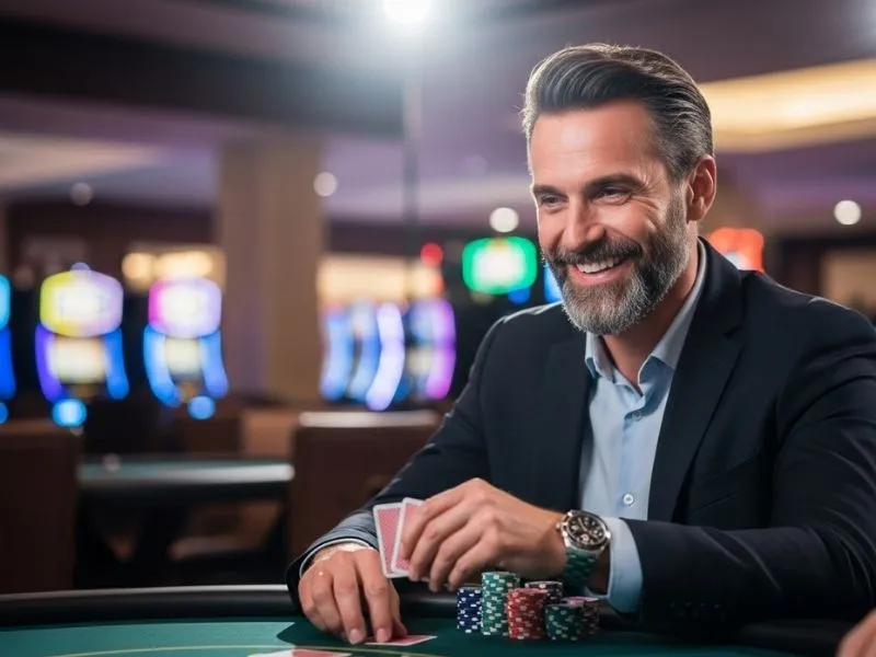 Man celebrating a winning hand in baccarat at a physical casino, representing the excitement of social casino games PH.
