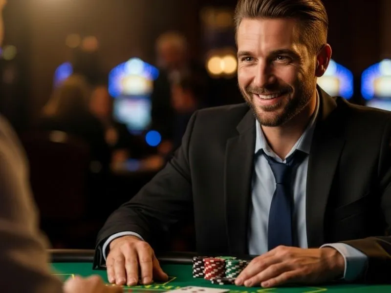 A happy man celebrating a big poker win at a physical casino in the Philippines, representing the excitement of social casino games PH.