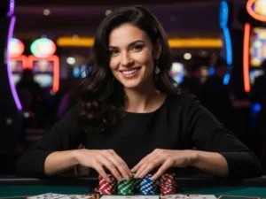 Young lady smiling at a casino table with stacks of chips, representing the fun and excitement of social casino games PH.