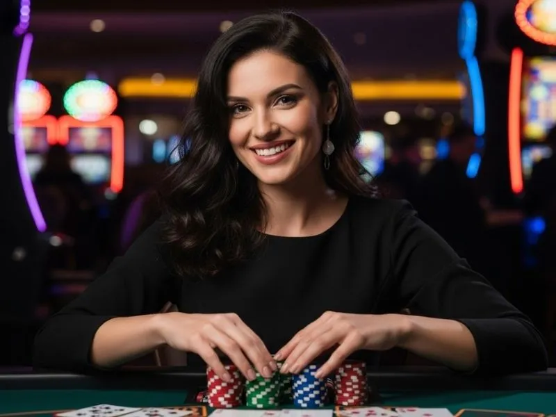 Young lady smiling at a casino table with stacks of chips, representing the fun and excitement of social casino games PH.