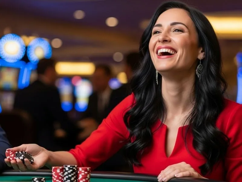 Young woman smiling while seated at a poker table in a lively casino environment — representing the fun and excitement of social casino games PH.