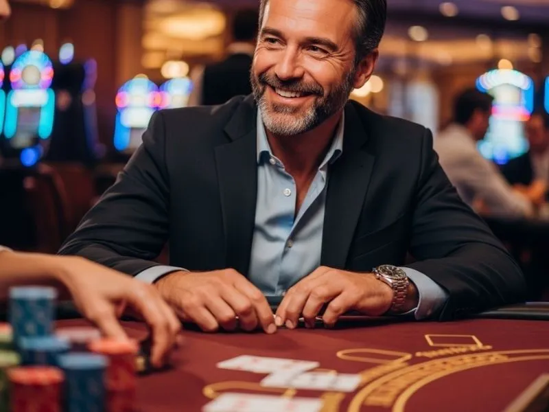 A cheerful man laughing while playing blackjack at a physical casino table, representing the fun and excitement of Suha Game Casino.
