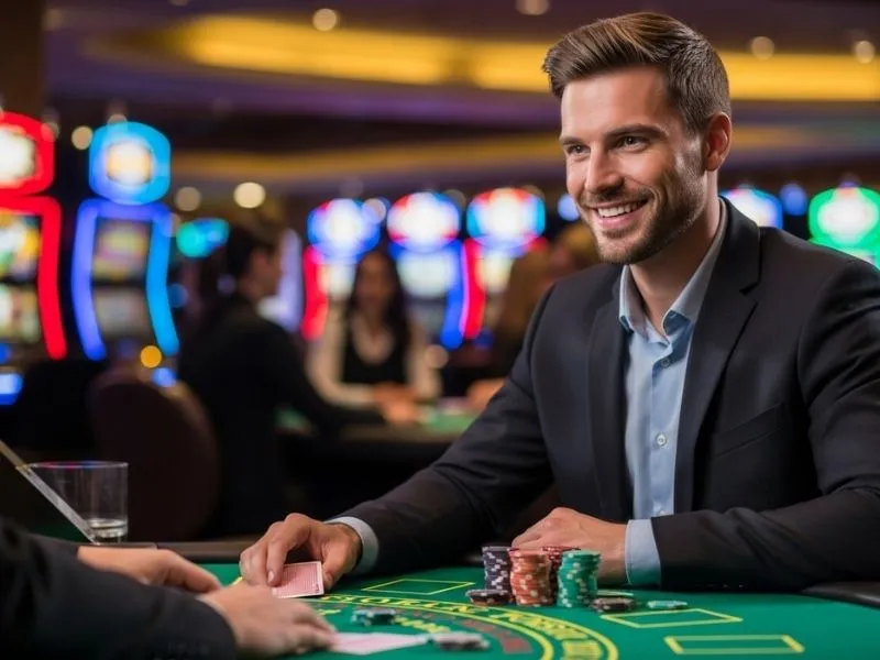 Man laughing joyfully while winning at a baccarat table in a physical casino, enjoying the thrill of Suha Game Casino.