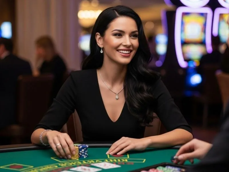 Woman smiling happily after winning a baccarat bet at Suha Game Casino