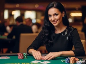 Woman smiling in a lively casino, surrounded by poker chips, enjoying her time at Suha Game Casino.
