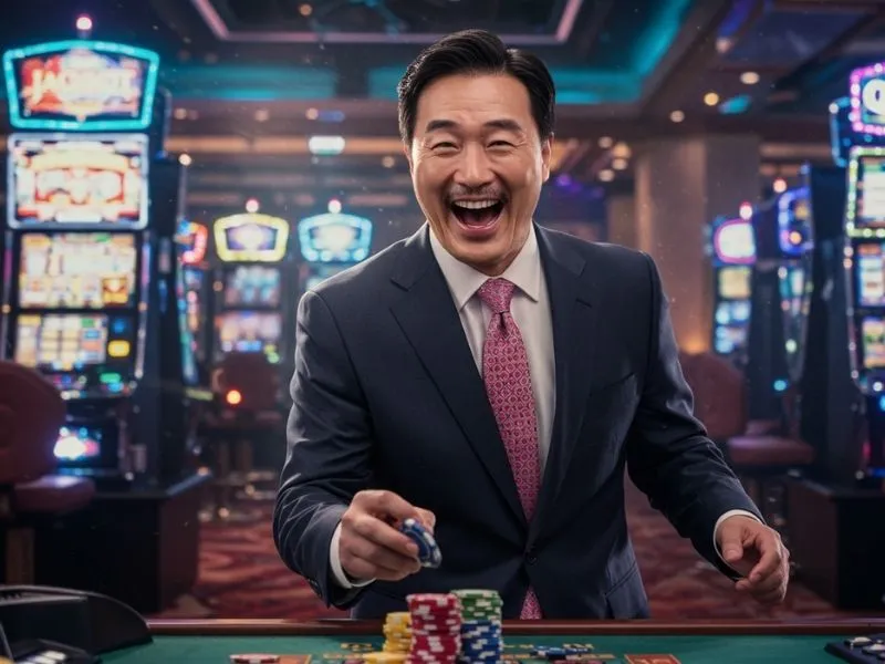 Happy man celebrating poker victory at one of the top 5 casino in the Philippines