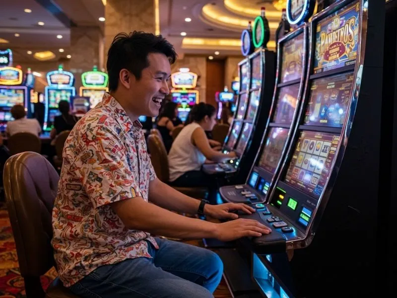 Smiling player enjoying slot games at one of the top 5 casino in the Philippines