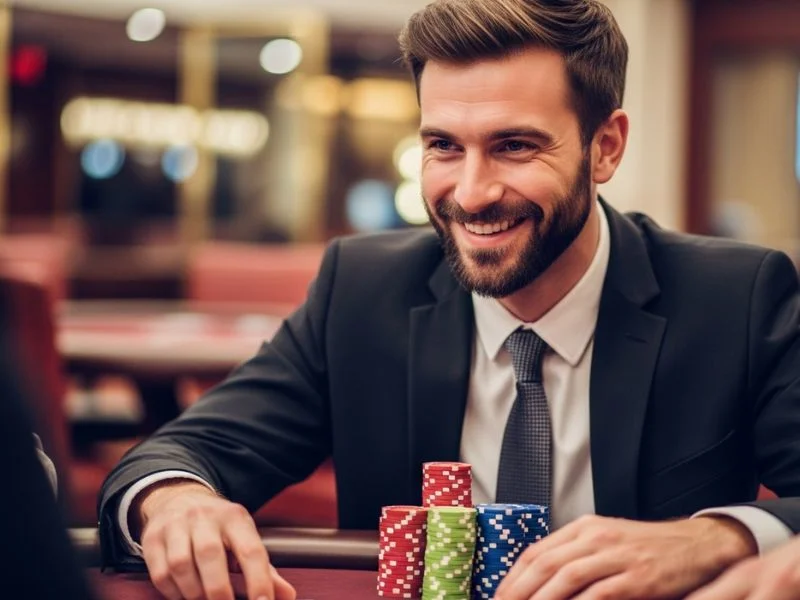 Man smiling with casino chips on a poker table at 55bmw slot casino