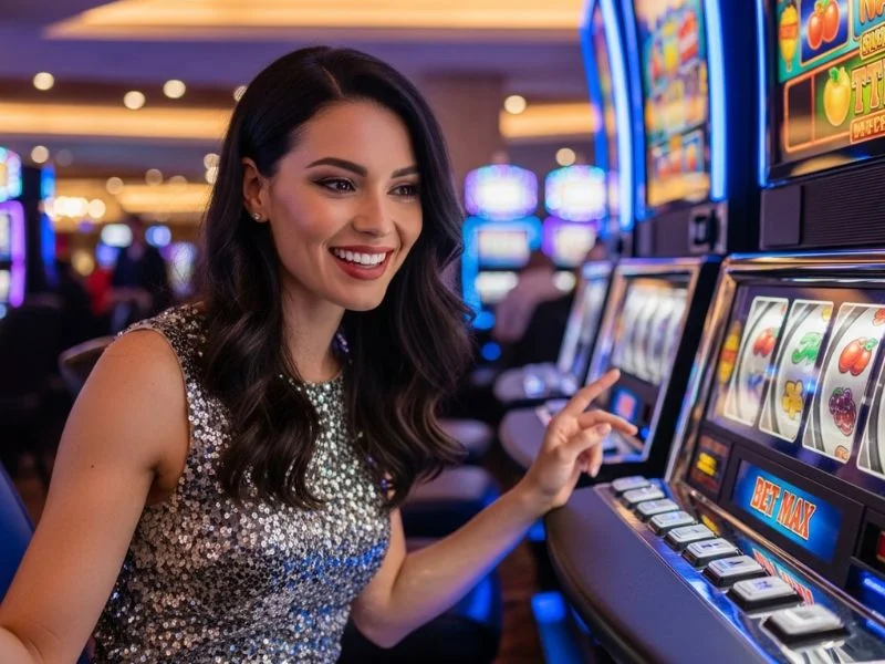 Woman happily playing a slot machine at 55bmw slot casino, enjoying her casino experience