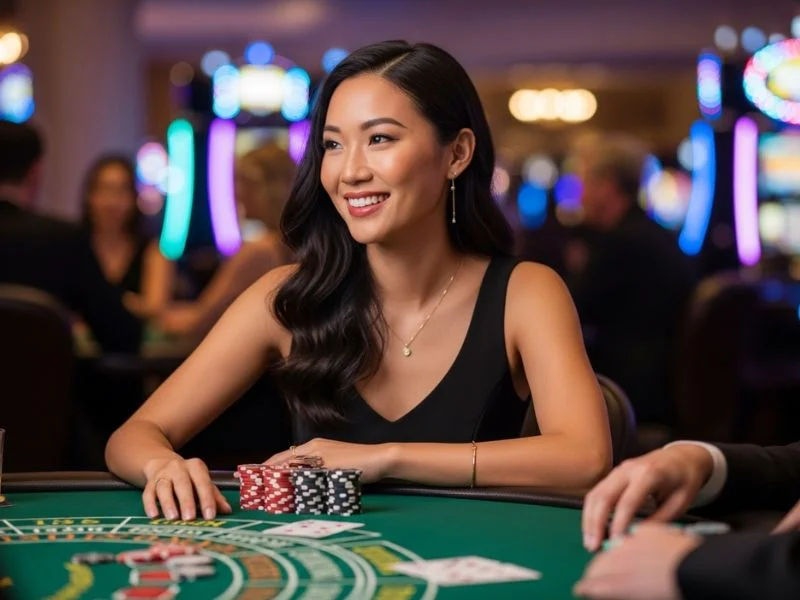 Woman celebrating her win at the casino table games at 55bmw slot casino