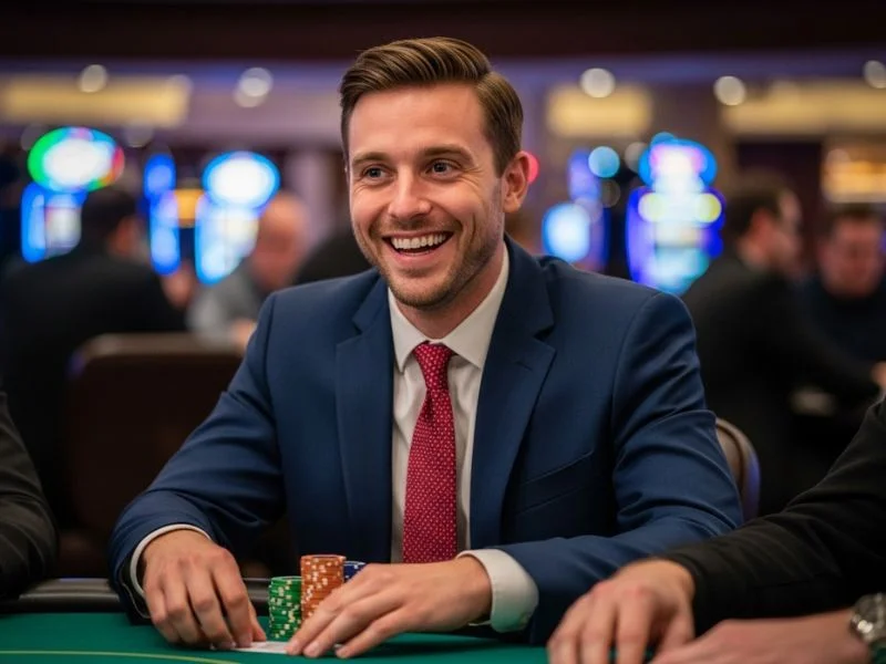 Man happily playing table games at a casino using 747 live casino login slot play