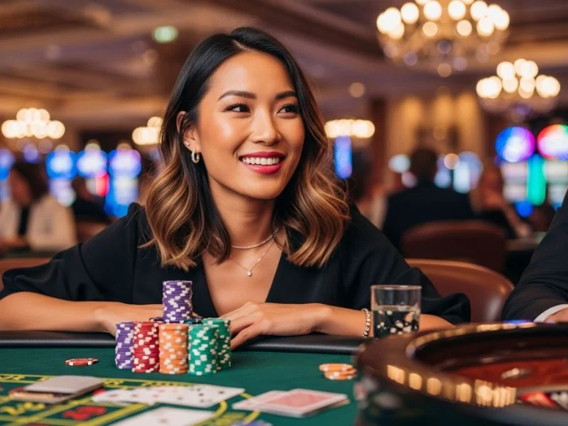 Woman happily playing roulette at a casino, enjoying 747 live casino login slot play.