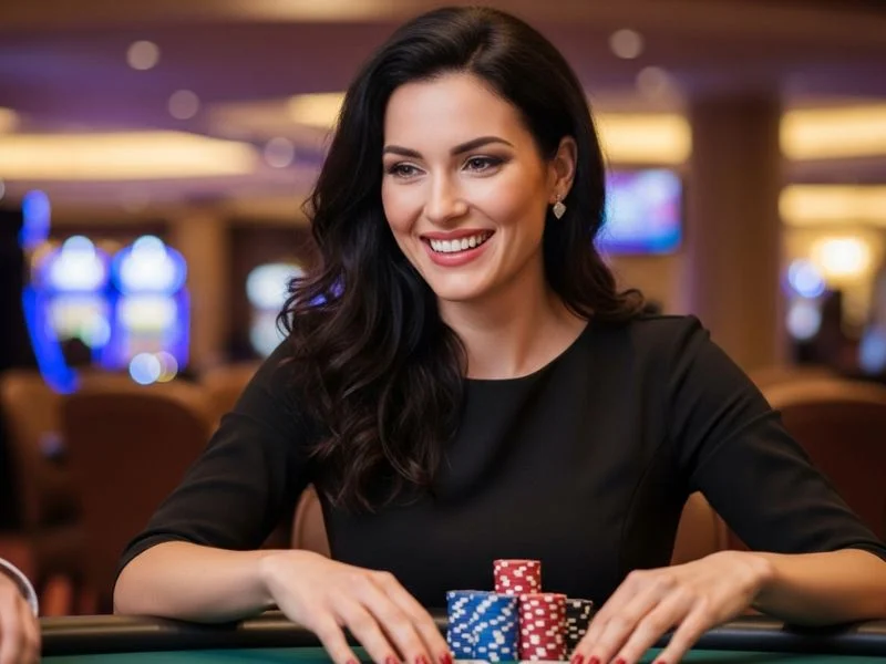 Woman smiling while playing slots with chips on a poker table at 747 live casino login slot play.