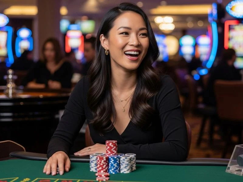 Smiling woman holding her winnings at 9s slot casino with colorful chips on the table