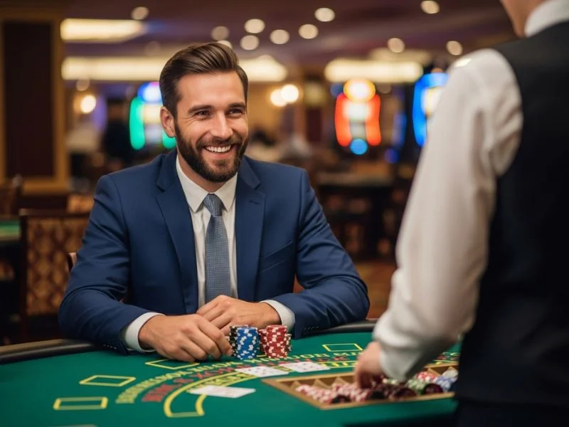 Man smiling with casino chips on a baccarat table at 9s Slot Casino.