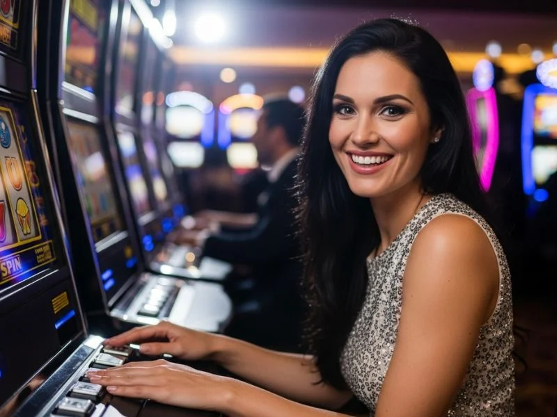 Woman happily playing slot machines at 9s slot casino in a lively casino setting.