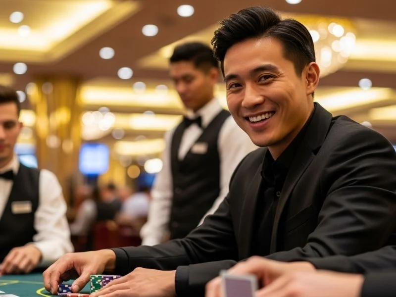 Happy man laughing while playing table games in a physical casino, representing the excitement associated with 9yc online casino login.