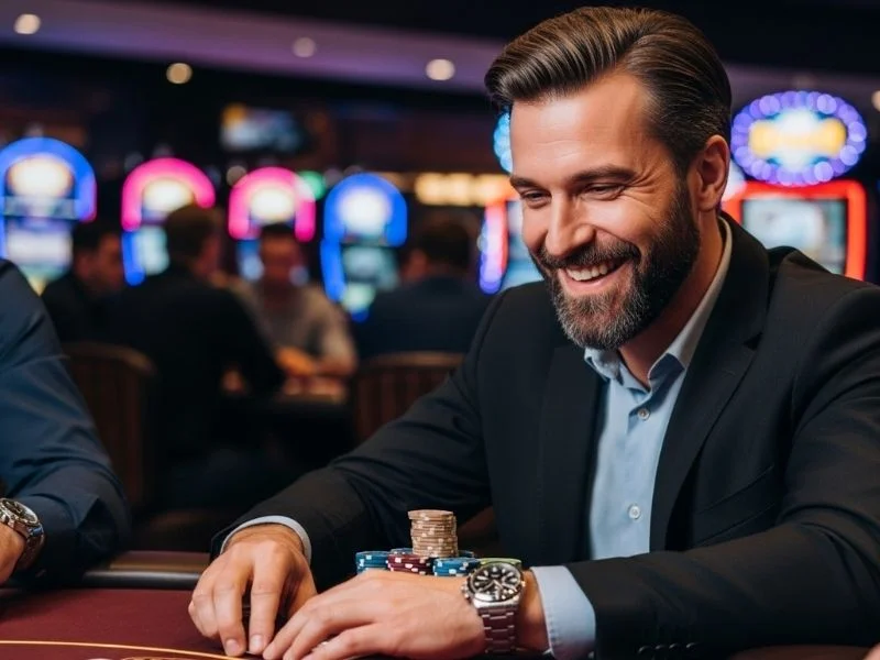 Happy man playing casino games with a smile at a physical casino, enjoying the excitement of 9yc online casino login.