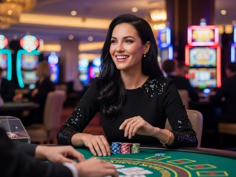 Happy woman enjoying a baccarat game with friends in a casino environment, representing the fun experience linked to 9yc online casino login.