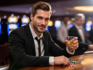 Man happily posing with casino chips at a table, enjoying the games at a physical casino, representing 9yc online casino login.