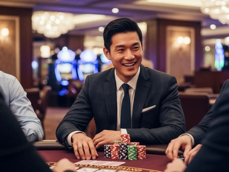Happy man enjoying a casino game with friends inside a lively gaming floor at Bellagio Casino Careers.