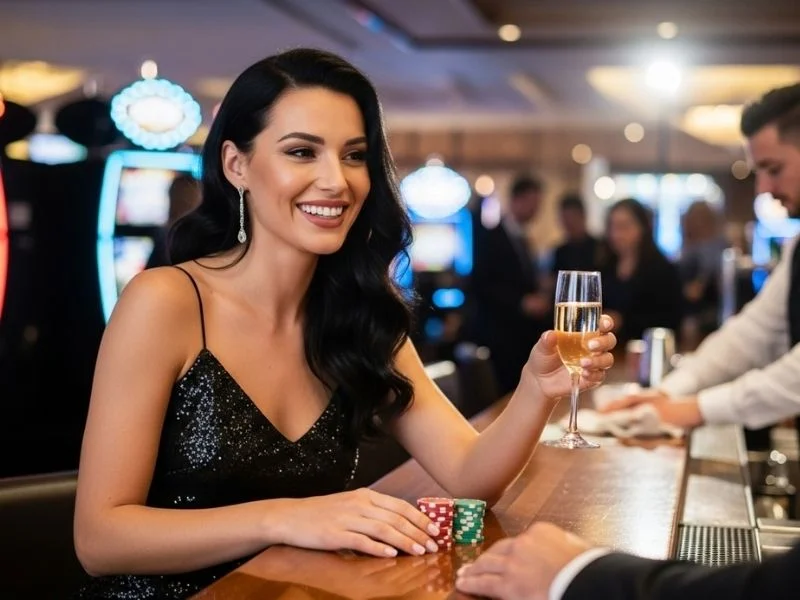 A woman happily celebrating with casino chips while enjoying a drink at a lively casino bar inside Bellagio Casino Careers.