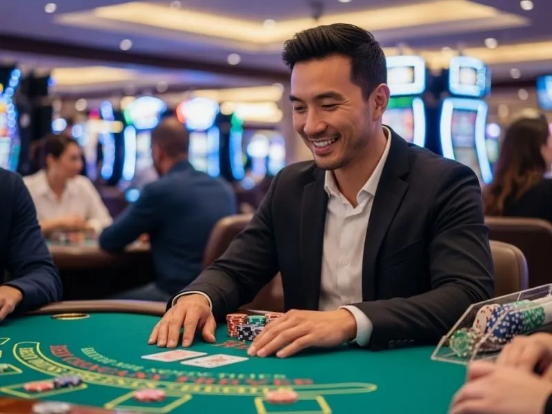Man happily playing poker games inside a casino, enjoying the thrill while following casino blueprints for strategic gaming.