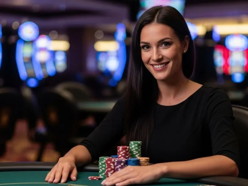 Woman smiling happily with poker chips in a casino, enjoying the excitement of casino blueprints.