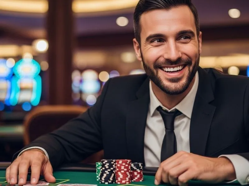 Young man smiling happily with poker chips inside a casino, enjoying the excitement of casino blueprints.